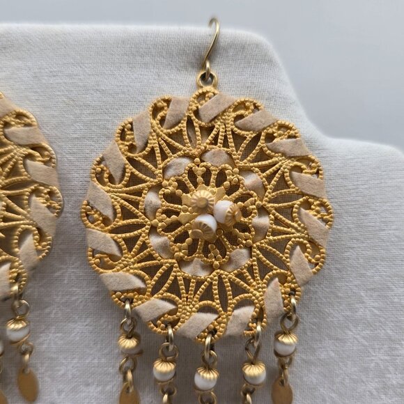 Bohemian Gold Dreamcatcher Dangle Earrings With Intricate Lace Design & Beads - Picture 3 of 6